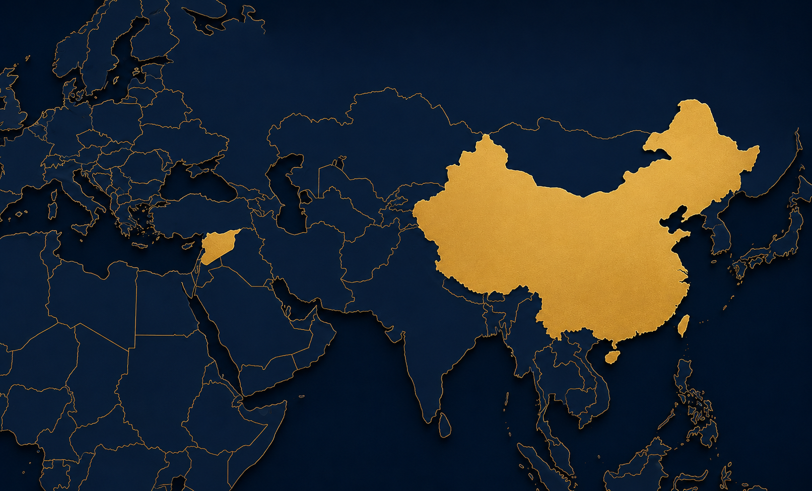 China and Syria highlighted on a navy and gold map